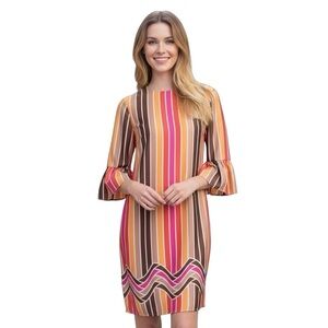 TRINA TURK Raquel Dress Mini Striped Shift Retro Bell Sleeves NEW Size 2